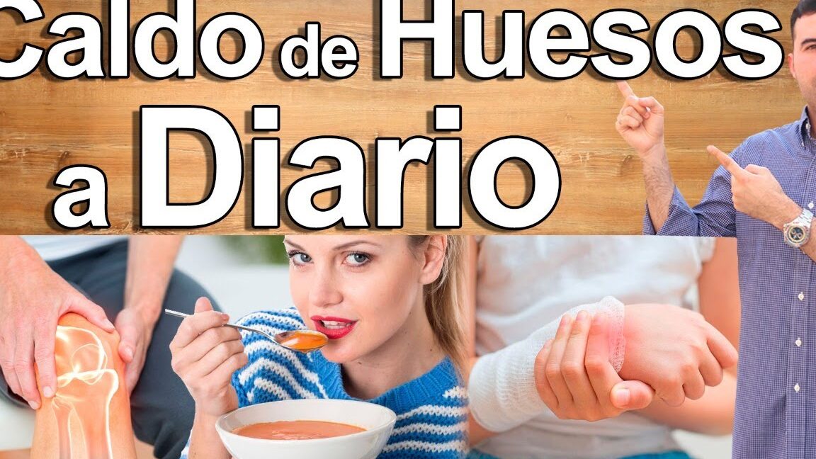 Mujer disfrutando una sopa caliente junto a texto grande 'Caldo de Huesos a Diario' y escenas de articulaciones y vendaje, descubriendo la alimentacion ideal de los pericos verdes que comen y como cuidar su dieta.