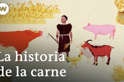 Ilustración de agricultor con vaca, cerdo, cabra y gallina junto a haces de trigo descubriendo la dieta de los animales omnivoros que comen realmente