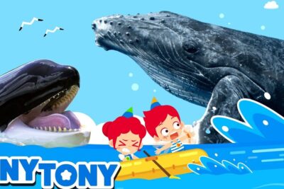 Ilustración de niños en una balsa junto a ballenas gigantes en el mar, descubriendo que comen las ballenas azules.