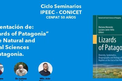 Cartel azul de presentación del libro sobre lagartos de la Patagonia con portada, logos institucionales y fotos de ponentes, descubriendo que comen las perdices una guia detallada