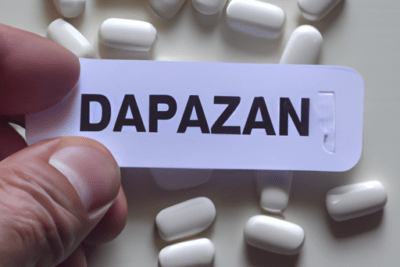 Comprimidos blancos oblongos esparcidos y mano sosteniendo una etiqueta DAPAZAN, diazepam caducado es seguro utilizarlo