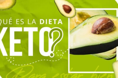 Mitad de aguacate sobre fondo verde con texto informativo sobre dieta keto 1