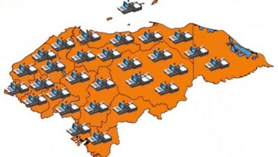 Mapa de Honduras en color naranja con múltiples íconos de puestos y computadoras representando dni honduras 1