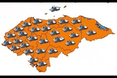 Mapa de Honduras en color naranja con múltiples íconos de puestos y computadoras representando dni honduras 1