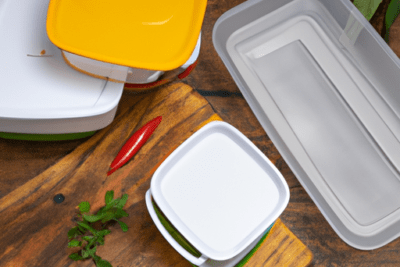 Envases de plástico con tapas, tabla de madera, hierbas y un chile rojo que evocan donde tirar comida caducada descubre las mejores opciones para deshacerte de ella de manera segura