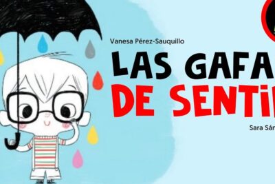 Niño ilustrado con gafas grandes bajo un paraguas y gotas de colores, dormir gafas
