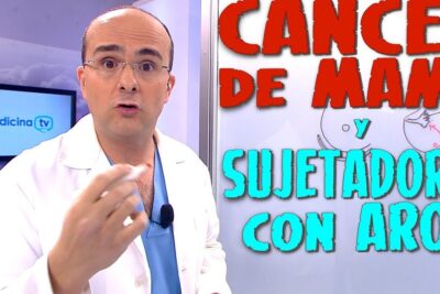 Médico en plató explicando cáncer de mama y dormir sujetador 3 junto a texto sobre sujetadores con aros.
