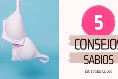 Sujetador rosa pálido colgando sobre fondo azul junto a un cartel de consejos sabios, dormir sujetador 8