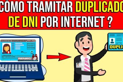 Ilustración que muestra trámite online para obtener duplicado dni 4 con laptop y entrega del documento