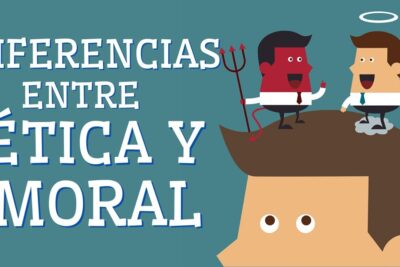 Ilustración sobre diferencias entre ética y moral con un personaje y dos figuras, ángel y diablo, eHIDwx6J lA