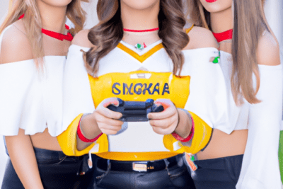 Tres mujeres con blusas blancas y detalles rojos, la del centro sostiene un mando de videojuego; el enlace de descarga ha caducado por favor intentalo de nuevo