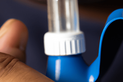 Primer plano que muestra el peligro de usar un inhalador caducado mientras una persona lo acerca a la boca