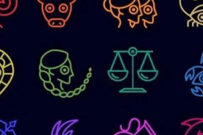 Fondo oscuro con iconos zodiacales en neón mostrando varios signos del zodiaco y el significado de leo en la personalidad descubre sus caracteristicas.