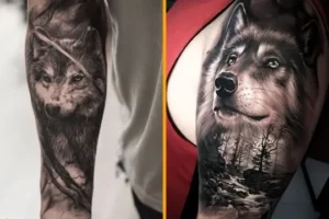 Tatuaje realista de cabeza de lobo en brazo con pelaje detallado, paisaje de árboles y luna, el significado de un tatuaje de cabeza de lobo descubre su simbolismo