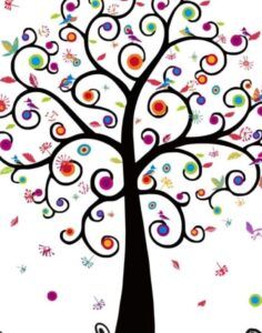 Ilustración vibrante que muestra el significado del arbol de la vida guia completa mediante un árbol negro con ramas en espiral, círculos coloridos y pajaritos.