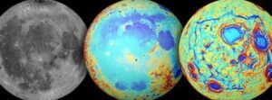 Tres representaciones de la Luna en la imagen: vista en escala de grises, mapa multiespectral y mapa topográfico en colores, el significado del simbolo de la media luna descubre su origen 1.