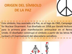 Gráfico que explica el origen y diseño del logo de CND mostrando el significado del simbolo de la paz origen y explicacion