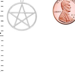 Colgante circular de plata con estrella de cinco puntas y moneda de referencia que ilustra el significado del simbolo del pentagrama y su importancia.