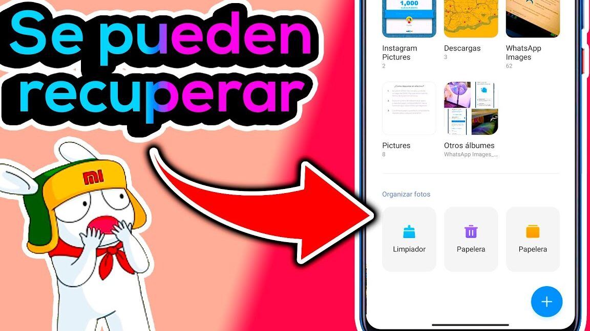 Miniatura con la mascota de Xiaomi, una flecha señalando la pantalla que muestra 'Organizar fotos' y opciones de Papelera, ilustrando que eliminaste accidentalmente un contacto en tu xiaomi descubre que pasa si lo borras
