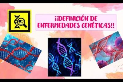 Banner educativo sobre enfermedades geneticas 1 con ilustraciones de hélices de ADN y un icono de lupa.