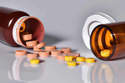 Frascos de medicamento marrones volcados con tabletas naranjas y amarillas es malo tomar medicina caducada descubre la verdad detras de los medicamentos vencidos