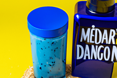 Envases azules de suplemento en polvo sobre fondo amarillo junto a una galleta, es malo tomar proteina caducada mito o realidad