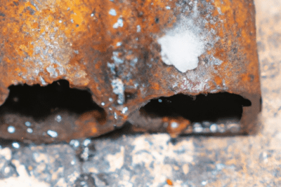 Superficie metálica corroída con manchas blancas y erosión localizada, es peligroso utilizar oxido de zinc caducado descubre la verdad