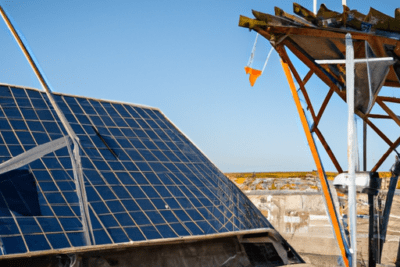 Paneles solares y estructura metálica bajo un cielo despejado y sol fuerte, es realmente peligroso usar protector solar caducado