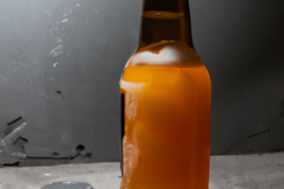 Botella de cerveza de vidrio marrón con líquido anaranjado y condensación sobre una superficie, es seguro beber cerveza caducada hace 6 meses explorando los riesgos y beneficios