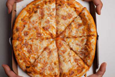 Pizza entera en caja sostenida por manos con porciones visibles, es seguro comer pizza caducada 15 dias conoce la verdad detras de este debate