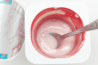 Envase de yogur rosa abierto con tapa parcialmente levantada y cuchara en su interior, es seguro comer un yogur caducado descubre la verdad detras de esta pregunta