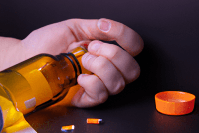 Frasco ámbar abierto con pastillas caídas y tapa naranja que ilustra si es seguro consumir un medicamento ya caducado.