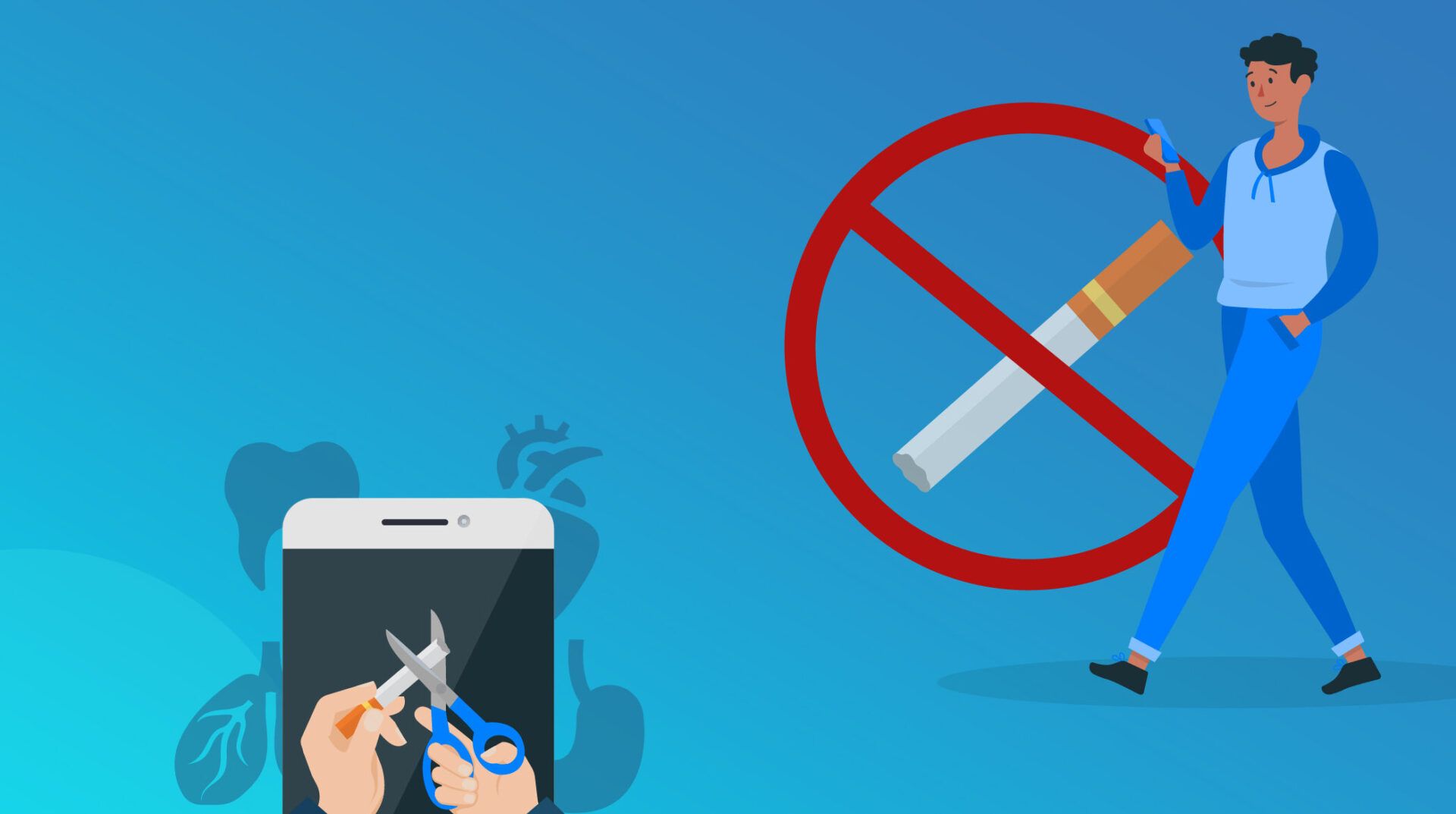 Es seguro fumar vape durante el periodo menstrual descubre aqui lo que debes saber, ilustración con cigarrillo tachado, manos cortando un cigarro en un móvil y símbolos de corazón y pulmones