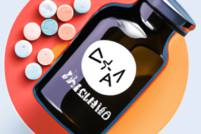 Frasco oscuro con etiqueta y varias pastillas sobre fondo circular, es seguro tomar amoxicilina caducada 1 ano exploramos los riesgos y beneficios.