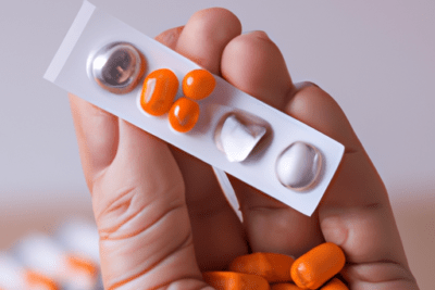 Mano sosteniendo un blister y varias pastillas naranjas que ilustra es seguro tomar ibuprofeno caducado 6 meses la verdad detras del mito.