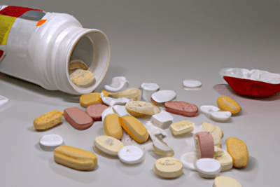 Es seguro tomar medicamento caducado lo que debes saber, frasco de comprimidos variados derramados sobre una superficie
