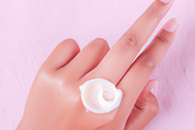 Es seguro usar crema caducada en la piel razones para evitarlo, mano con una pequeña cantidad de crema blanca en el dedo sobre fondo rosa
