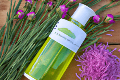 Botella dispensadora verde sobre fondo de madera con flores moradas y virutas, es seguro usar levadura caducada descubre la verdad detras de esta creencia popular