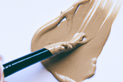 Brocha esparciendo base cremosa beige sobre fondo blanco, es seguro usar maquillaje caducado descubre los riesgos y precauciones