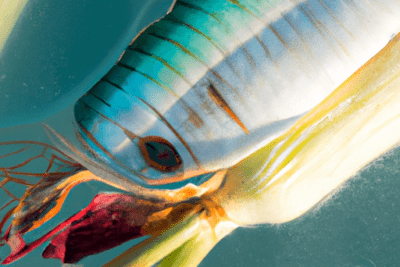 Pez tropical con cuerpo rayado azul y blanco, aletas amarillas y detalles rojos en primer plano, es toxica la levadura caducada descubre la verdad detras de este mito