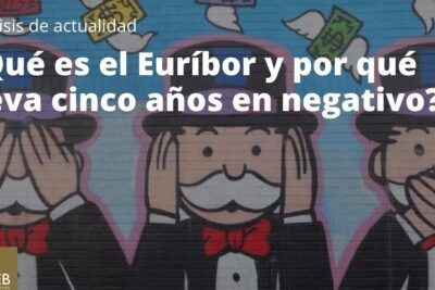 Mural con el titular sobre euribor negativo y tres figuras con sombrero cubriéndose ojos, oídos y boca mientras vuelan billetes