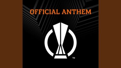 Emblema blanco de trofeo sobre fondo negro con líneas geométricas y texto naranja OFFICIAL ANTHEM, europa league 3
