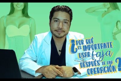 Médico frente a cámara con imágenes de torsos que muestran una faja apretada