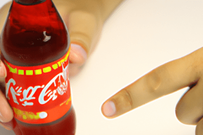 Dos manos señalando una botella roja de refresco, fanta caducada es peligrosa para la salud.