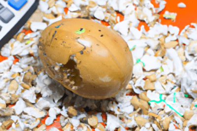 Huevo agrietado sobre superficie naranja entre fragmentos de cáscara que representa fecha caducada importancia y consecuencias de consumir alimentos vencidos