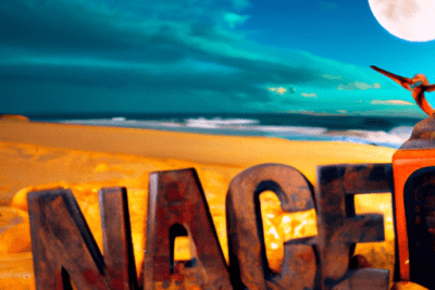Letras metálicas oxidadas semi enterradas en la arena junto al mar bajo una luna brillante, fecha caducada piratas la verdadera historia tras los mitos y leyendas