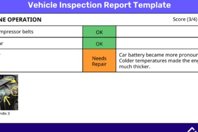 Informe de inspección del motor con batería marcada como Needs Repair y nota explicativa, útil para fecha matriculacion vehiculo por bastidor guia completa y sencilla