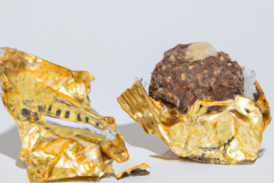 Bombones Ferrero Rocher abiertos sobre papel dorado con una pieza mostrando manchas blancas y textura quebradiza, ferrero rocher caducado es seguro consumirlos despues de la fecha de vencimiento