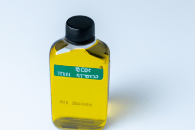 Botella pequeña cerrada con líquido amarillo y tapa negra, ilustración para consultas sobre si formula caducada sin abrir es seguro usarla