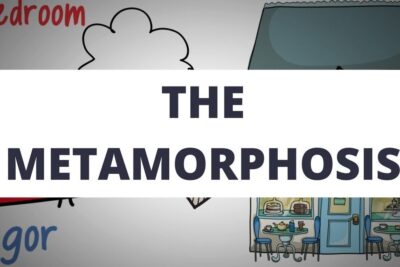 Rótulo con el título 'The Metamorphosis' sobre fondo con ilustraciones de insecto y cafetería, relacionado con franz kafka.